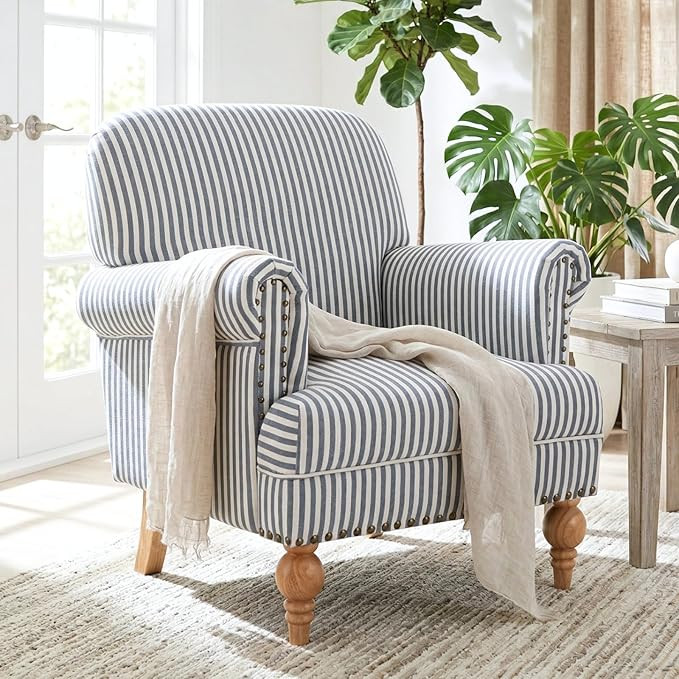 Blue Striped Linen Fabric Accent Chair, Coastal Upholstered Armchair with Nailhead Trim & Ball Tu... | Amazon (US)