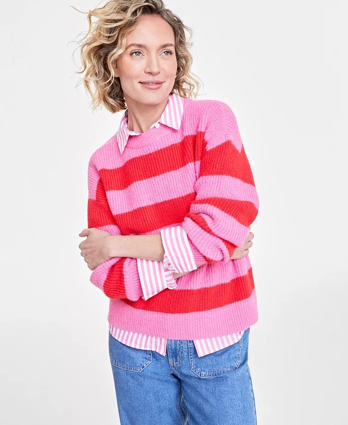 Women's Crewneck Striped Shaker Sweater, Create for Macy's | Macy's