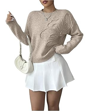 Women's 3D Floral Appliques Crewneck Sweaters Long Sleeve Drop Shoulder Pullovers Elegant Knit To... | Amazon (US)