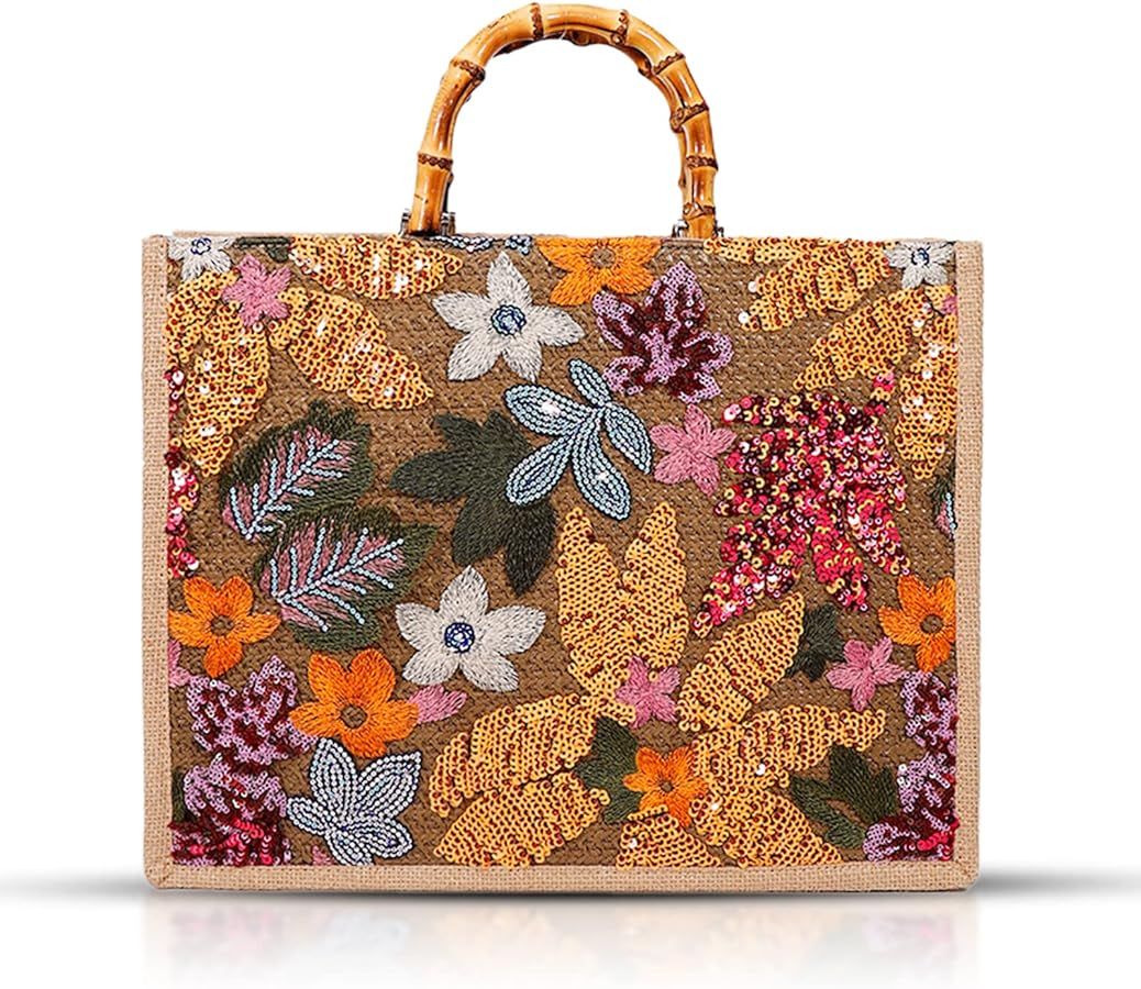 Tote Bag for Women, Beach Bag, Sequin Embroidery Straw Bag, Hand-Woven Bamboo Handle, Bohemian Ha... | Amazon (US)