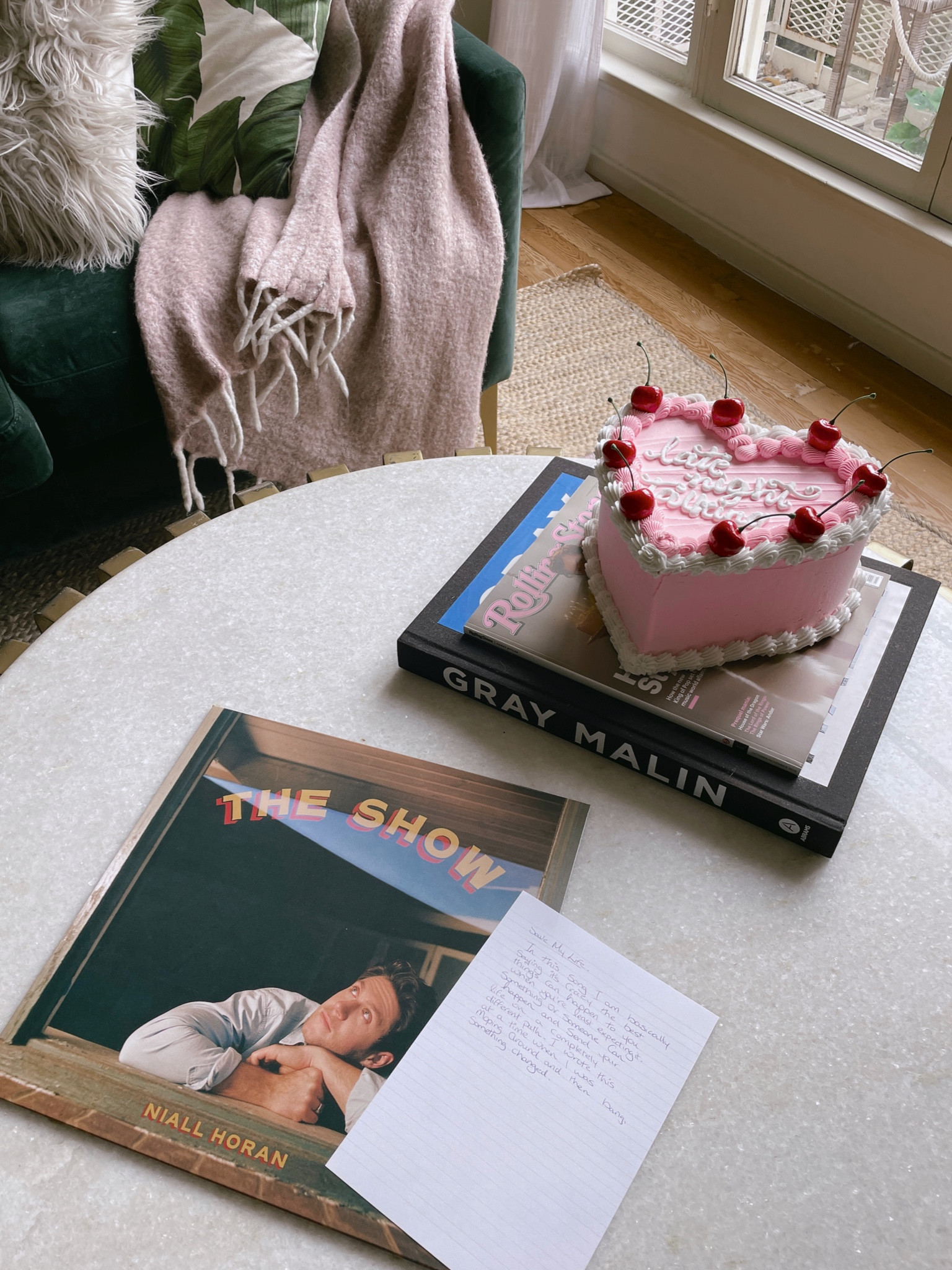 New Niall horan album The Show vinyl, record, target, urban outfitters, Amazon, Living room home decor, wayfair green velvet couch, sofa, pink soft wool-blend throw blanket from H&M, affordable, budget friendly, Botanical Palm Leaves Decorative Throw Pillow, Amazon home, Faxon Oriental Pink/Beige Area Rug - on sale now, Hand Braided Jute Rug from rugs.com, home accents, palm print pillow, Etsy shop, Custom Fake Cake/8inch/Retro Cake/Kitsch Cake/Fake Food Prop/Coffee Table Art/ Frosting Cake/ Photoshoot/ Display Cake, Cherry Cake Wall Hanging, round / circle marble and gold coffee table, gray malin coffee table book, faux fur cream / white pillows

#LTKunder50 #LTKhome #LTKunder100