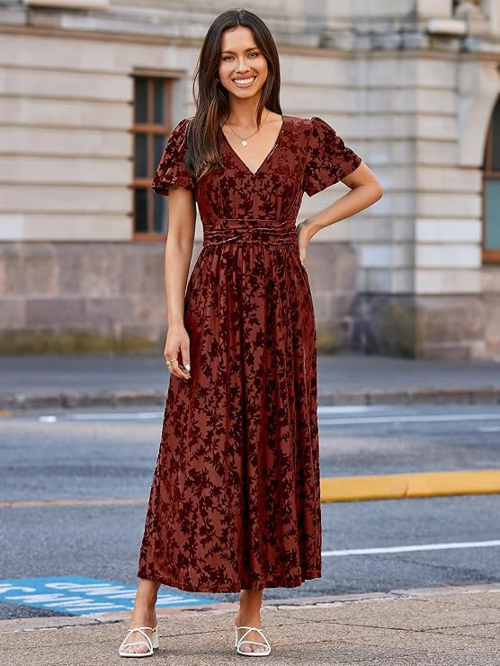 Simplee Women's Velvet Maxi Dress V Neck Short Sleeve Empire Waist Semi Formal Long Cocktail Dres... | Amazon (US)