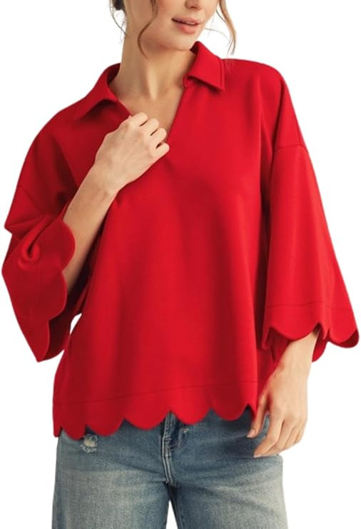 Womens Scallop Edge Detail Solid Top 3/4 Sleeve V-Neck Collared Blouse Shirt | Amazon (US)