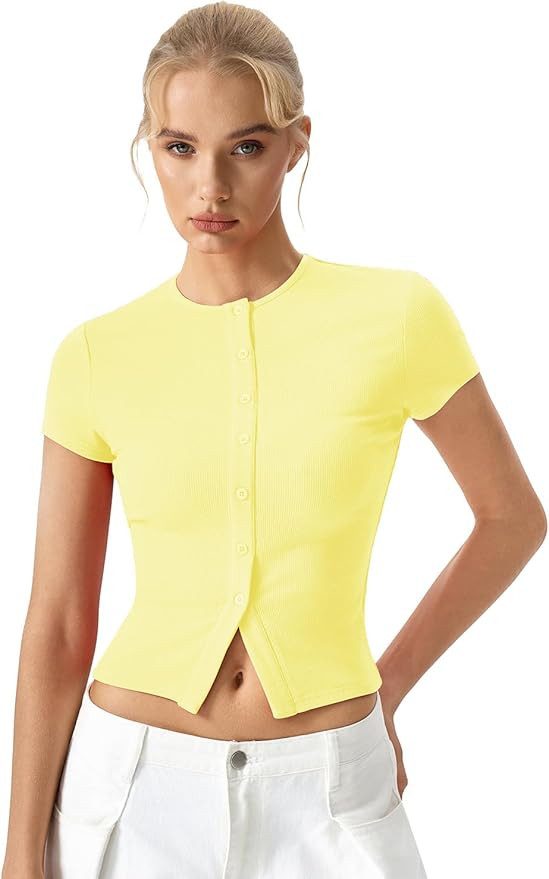 QINSEN Women's Crewneck Short Sleeve T Shirts Ribbed Button Going Out Trendy Tops | Amazon (US)