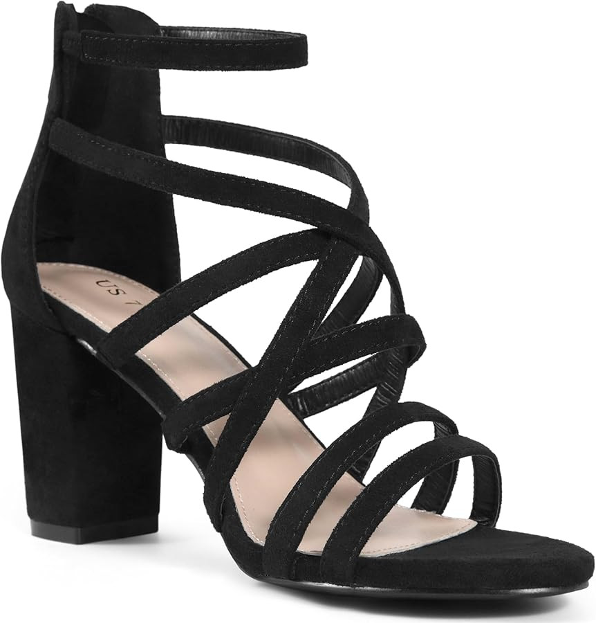 Allegra K Women's Gladiator Heels Strappy Back Zip Chunky Heel Sandals | Amazon (US)