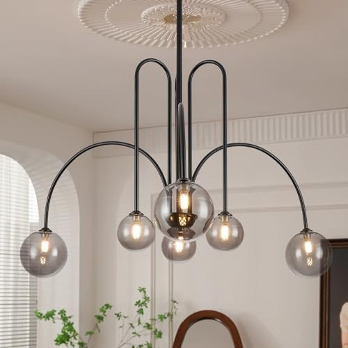 CATINER Black Chandelier Modern 6 Lights Sputnik Chandelier Large L40” Mid Century Ceiling Pendant Light Fixtures with Smoke Glass Globe Shades for Living Dining Room Foyer Bedroom | Amazon (US)