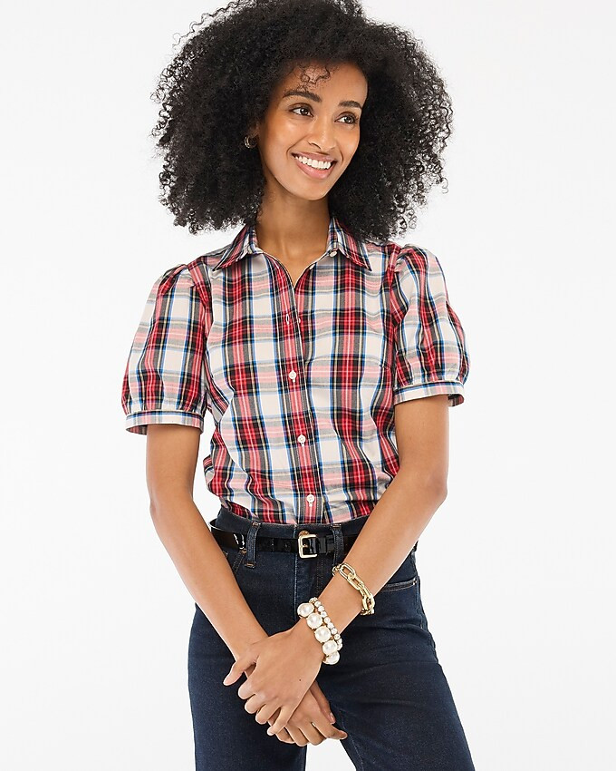 Puff-sleeve tartan button-up shirt | J.Crew Factory