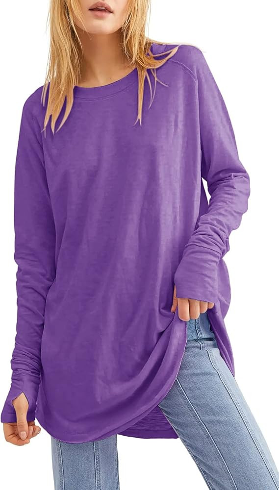 Fisoew Women's Casual Long Sleeve Tops Crew Neck Round Hem Loose T-Shirts Tunic Tops with Thumb H... | Amazon (US)