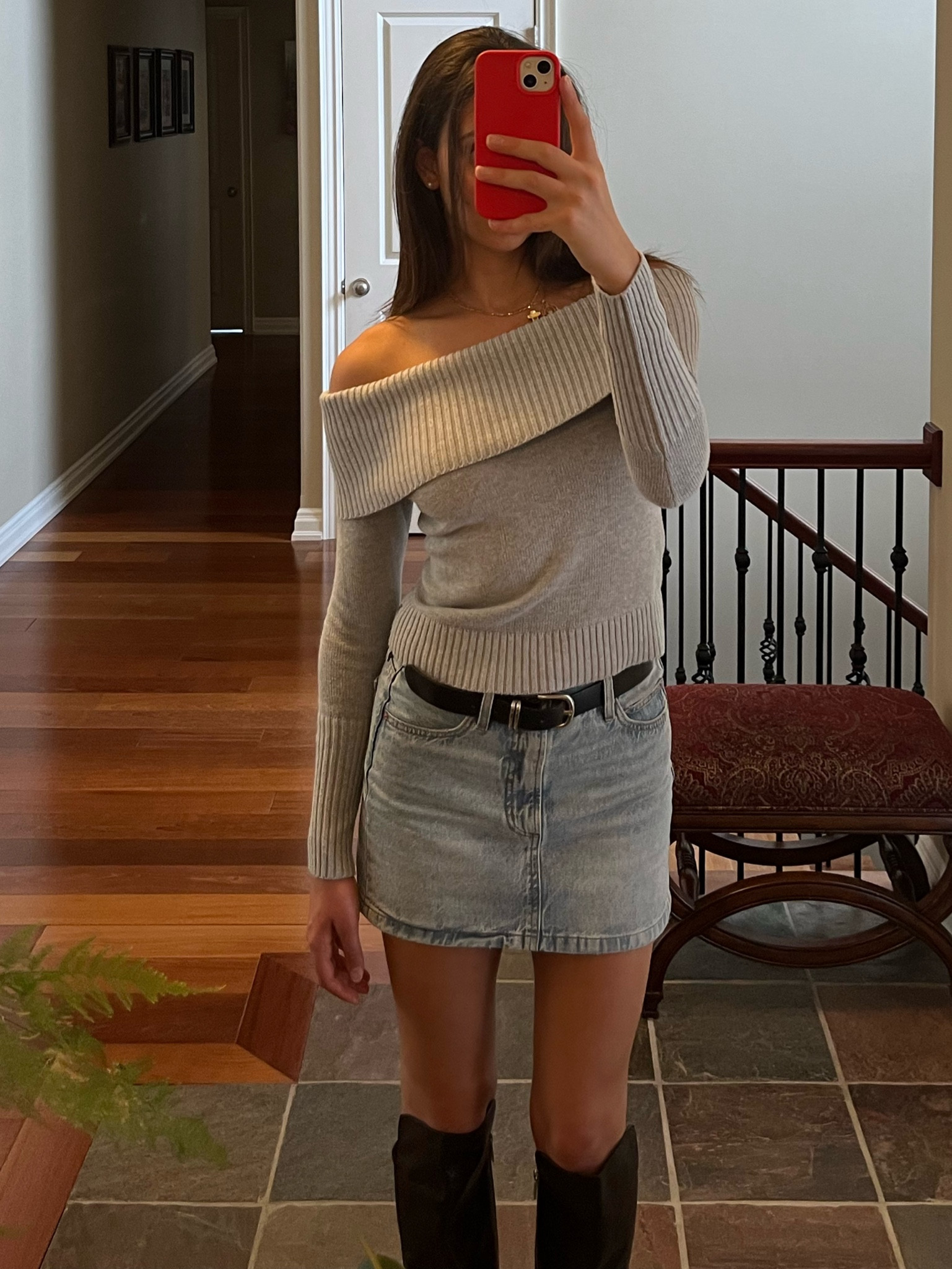 Grey off the shoulder sweater, denim skirt and black boots! Perfect for the fall transition seasonn

#LTKcanada #LTKstyletip #LTKautumn