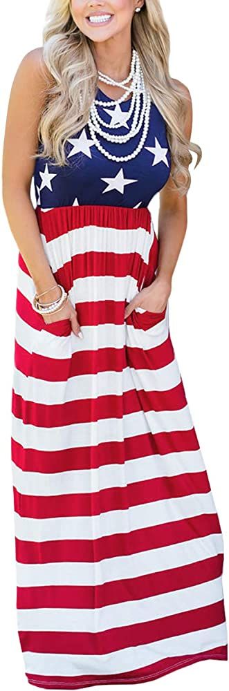 For G and PL Women's 4th of July American Flag Sleeveless Tank Maxi Dress with Pockets | Amazon (US)