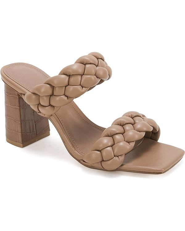 Syktkmx Women's Braided Heeled Sandals Backless Square Open Toe Block Slide Sandals | Amazon (US)