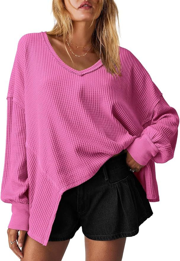 LAMISSCHE Womens Waffle Knit Long Sleeve Shirts Oversized V Neck Thermal Tunic Tops Workout Batwi... | Amazon (US)