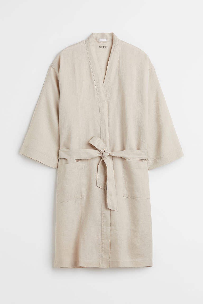 H & M - Washed Linen Bathrobe - Beige | H&M (US + CA)