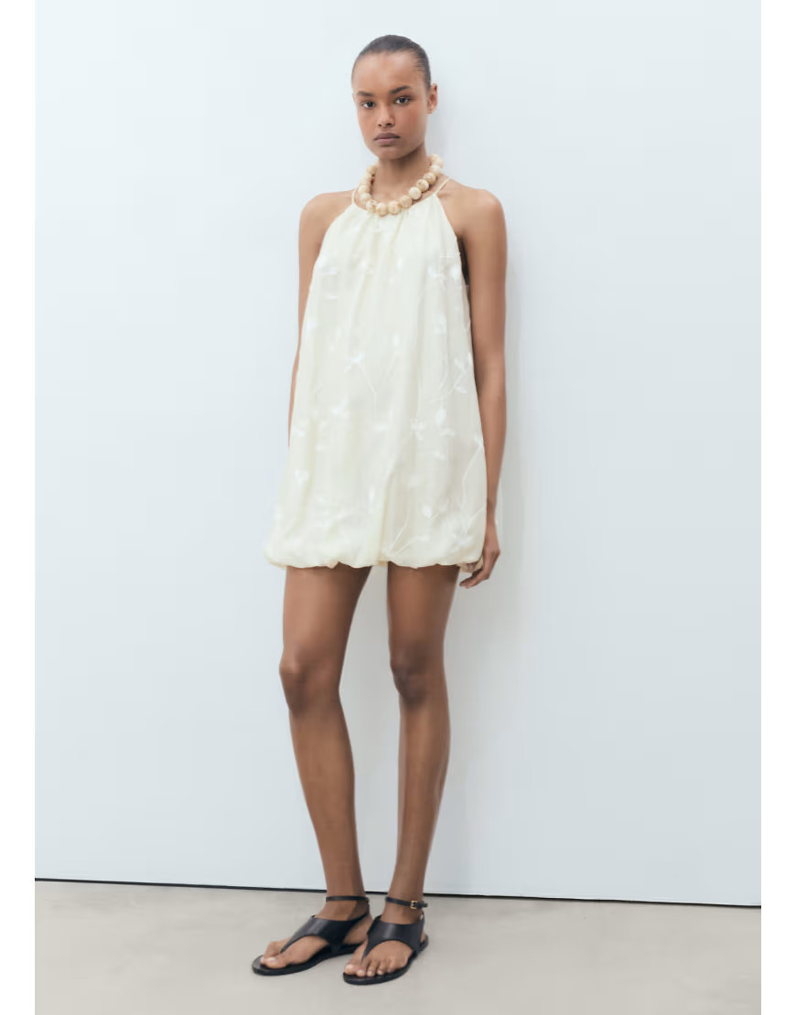 Mango halter neck dress with puff hem and flower embroidery in cream-Neutral | ASOS (Global)