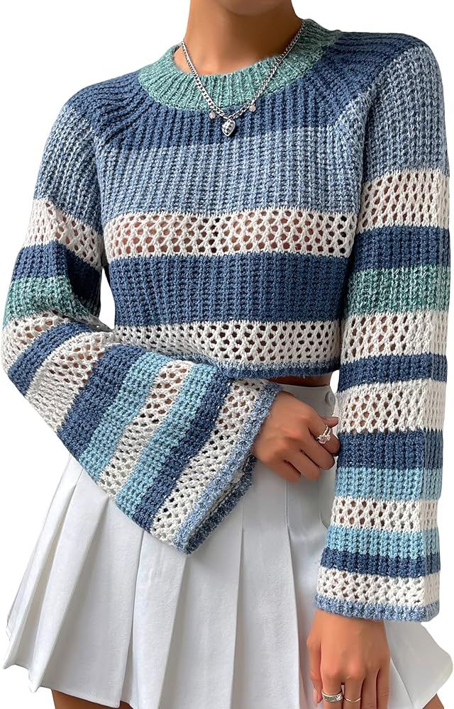 Floerns Women's Striped Color Block Raglan Sleeve Pullover Crochet Knit Crop Sweater | Amazon (US)