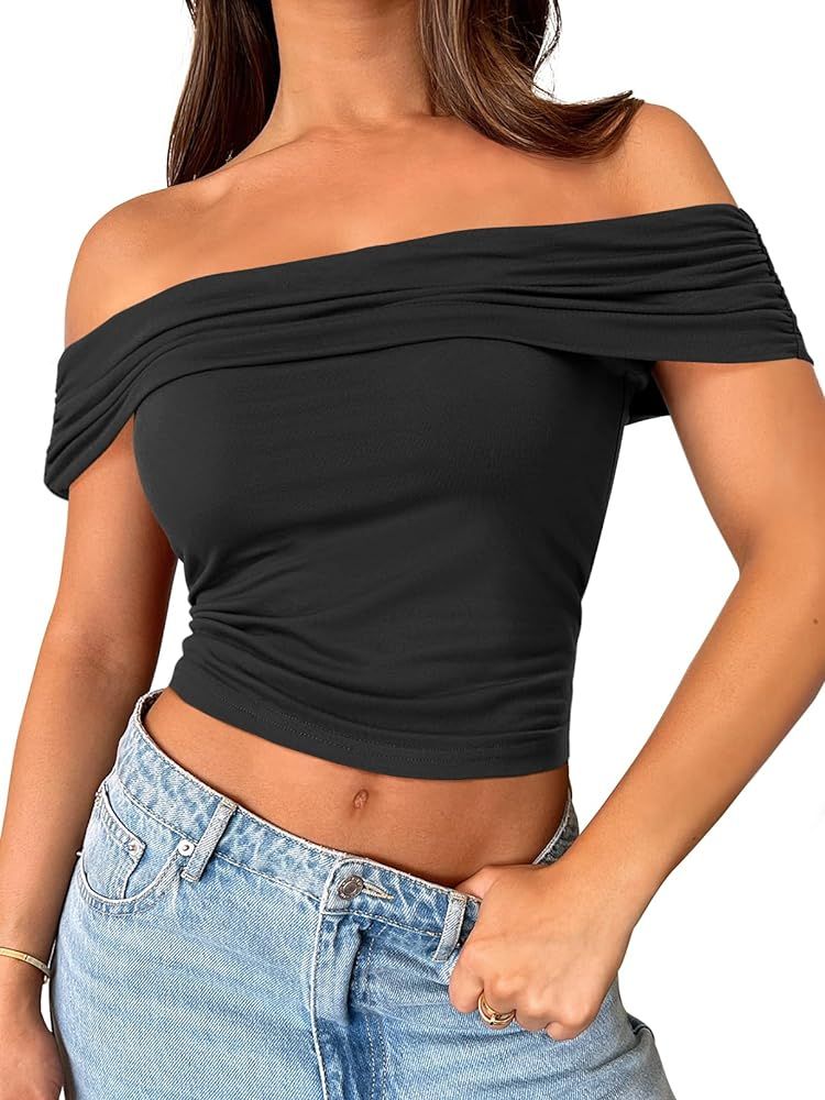 MEROKEETY Women's 2024 Summer Sexy Off The Shoulder Crop Tops Short Sleeve Ruched Tight Shirts | Amazon (US)