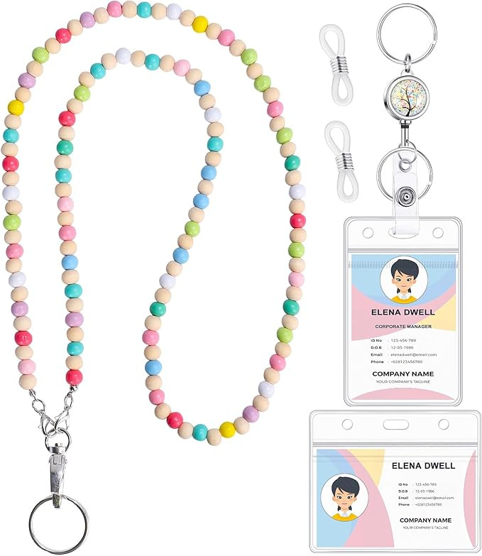 Lanyards for ID Badges Teacher Gifts Cute Wooden Beaded Lanyard with ID Holder Retractable Badge ... | Amazon (US)