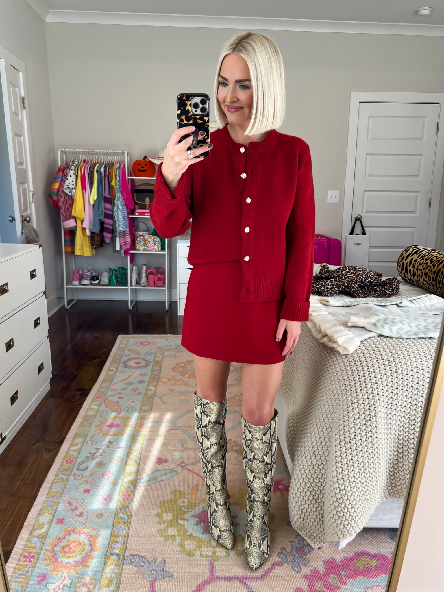 Burgundy cardigan (SM) / burgundy skort (XS) / snakeskin knee high boots / Scarlett mini skort / novelty button crew cardigan / holiday outfit 

#LTKHoliday #LTKStyleTip