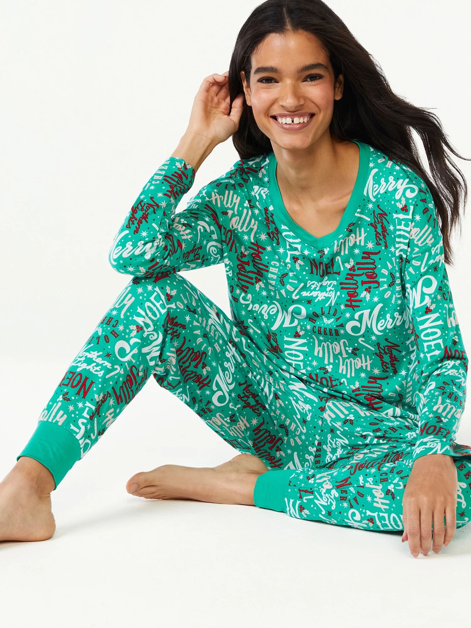 Joyspun Women's Long Sleeve Sleep Top and Jogger PJ Set, 2-Piece, Sizes up to 3X - Walmart.com | Walmart (US)