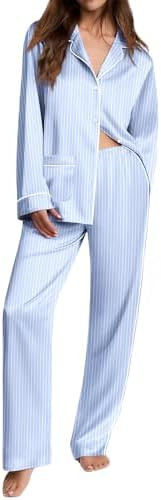 Ekouaer Womens Pajama Sets Satin Silk Pjs Long Sleeve Button Down Sleepwear | Amazon (US)
