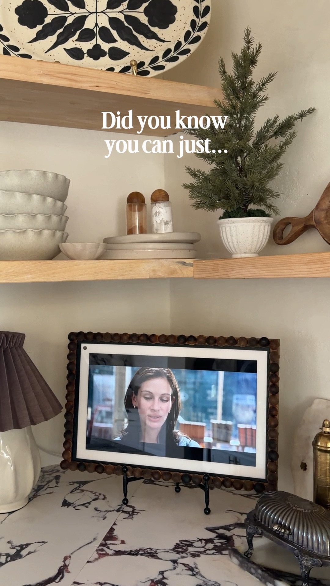 DIY bobbin style frame for Echo Show 15 that turns a smart display into decor that actually fits a cozy, modern cottage kitchen. This simple home DIY uses a basic frame and wood half rounds to create a vintage inspired, European, intentional look. Perfect for making everyday tech feel warm, charming, and integrated into your kitchen decor instead of standing out.