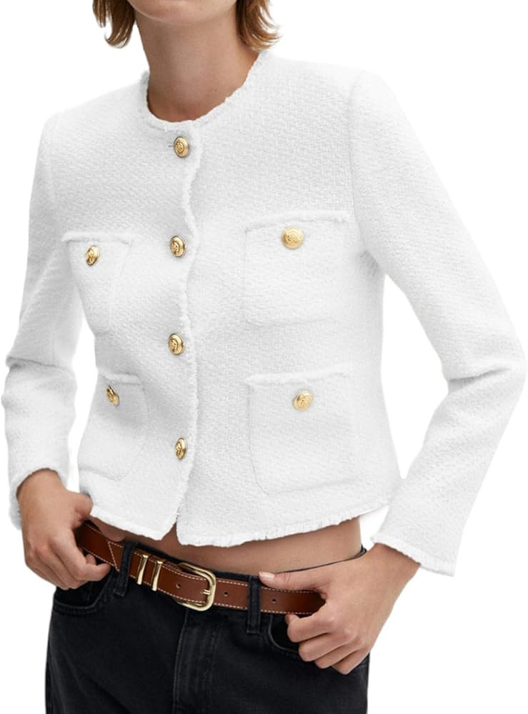 Cicy Bell Tweed Blazers for Women 2025 Collarless Button Down Womens Cropped Jackets | Amazon (US)