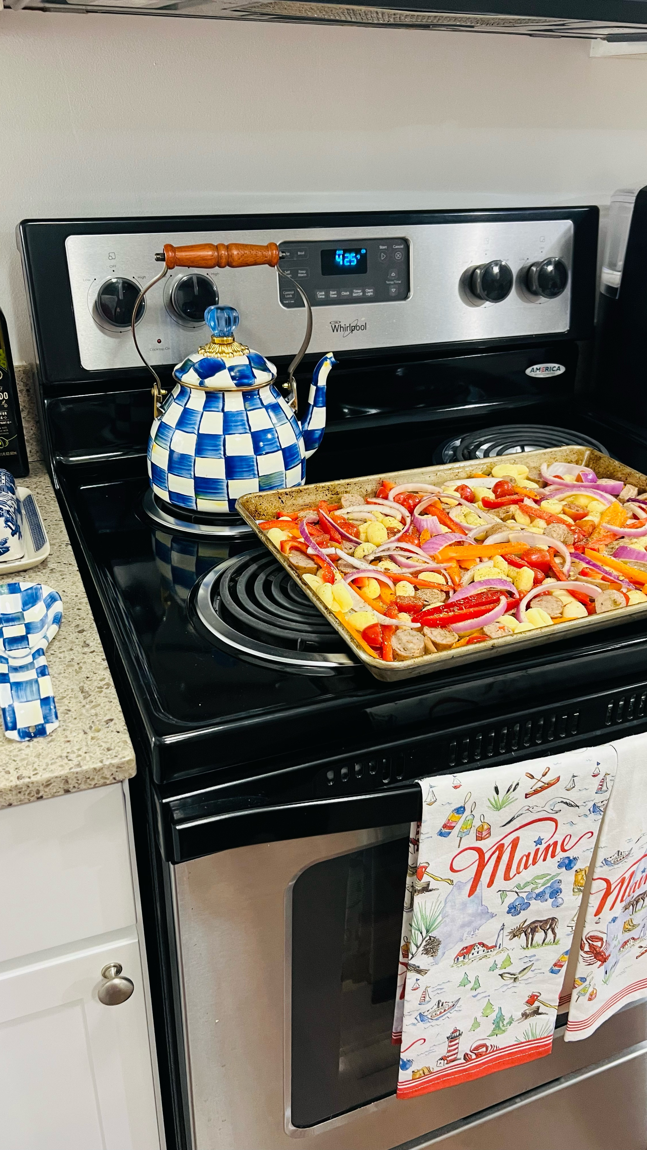 Sheet pan meal for dinner tonight! Still obsessed with the MacKenzie-Childs teapot I got for my birthday, and the spoon rest that was a bridal shower gift 💙🤍 

#LTKHome
