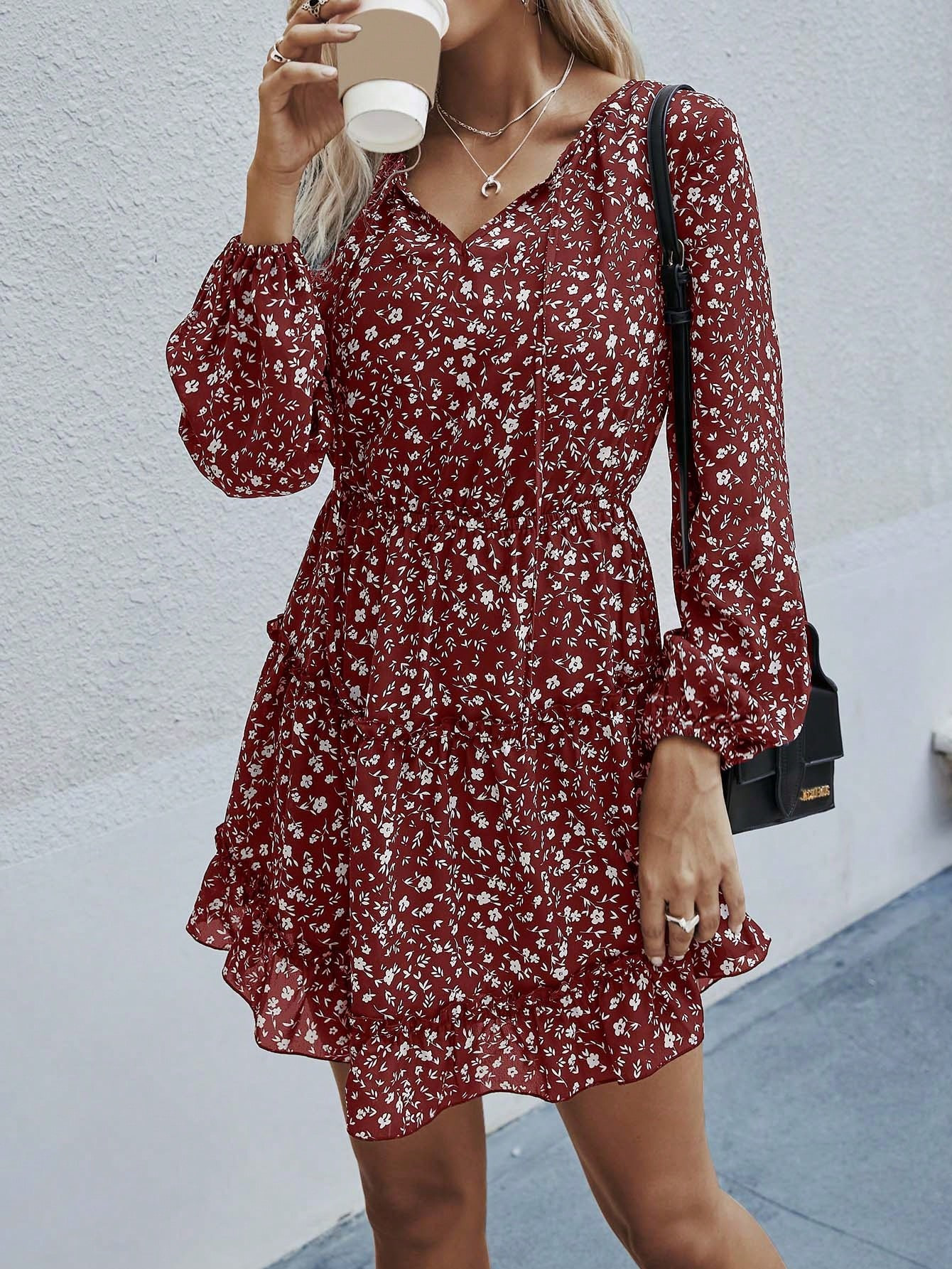 Floral Print Tie Neck Ruffle Hem Dress | SHEIN
