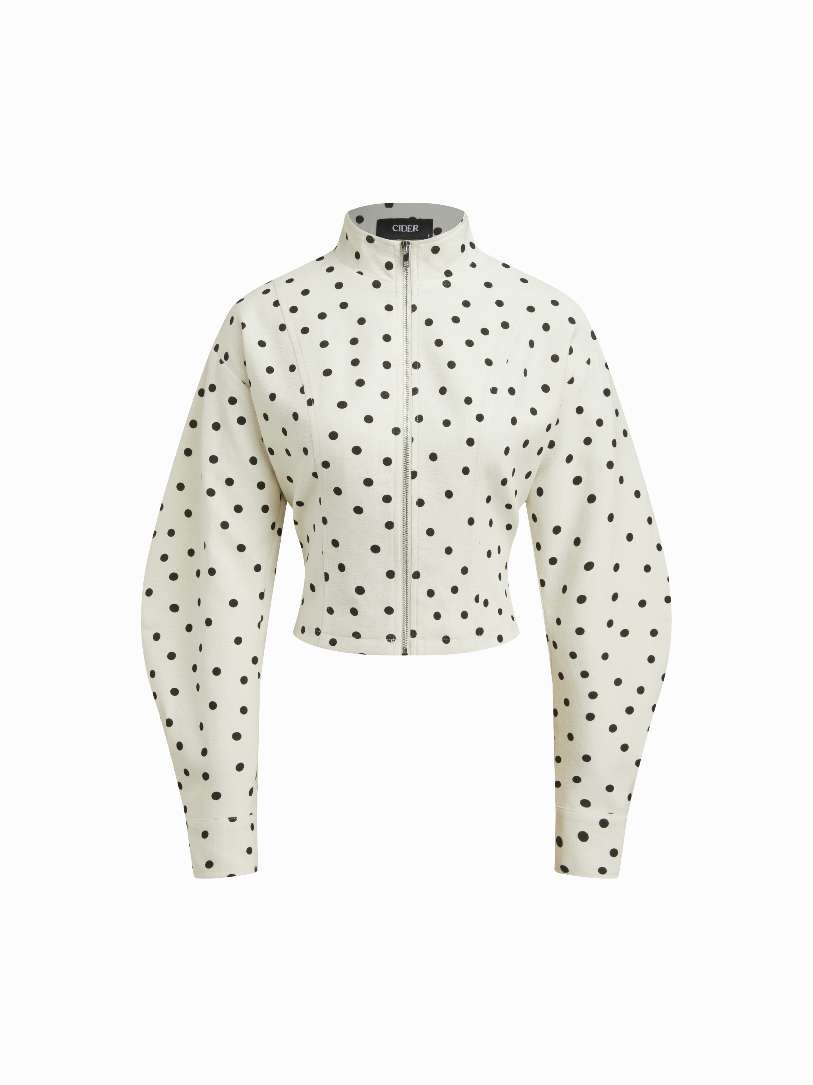 Woven Linen-blend Polka Dot High Neck Zip Through Jacket For Daily Casual | Cider