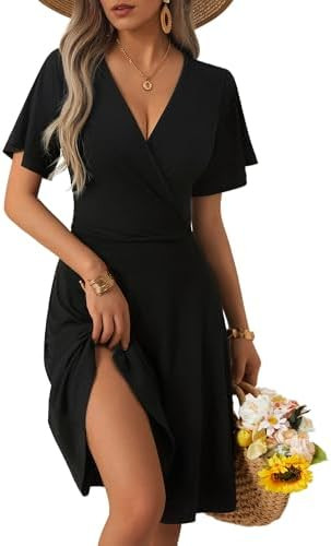 FENSACE Womens Sundress Summer Floral Short Sleeve Wrap V Neck A-Line Midi Dress | Amazon (US)