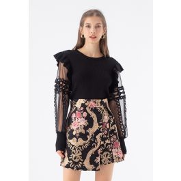 Lace-Adorned Mesh Sleeve Knit Top in Black | Chicwish