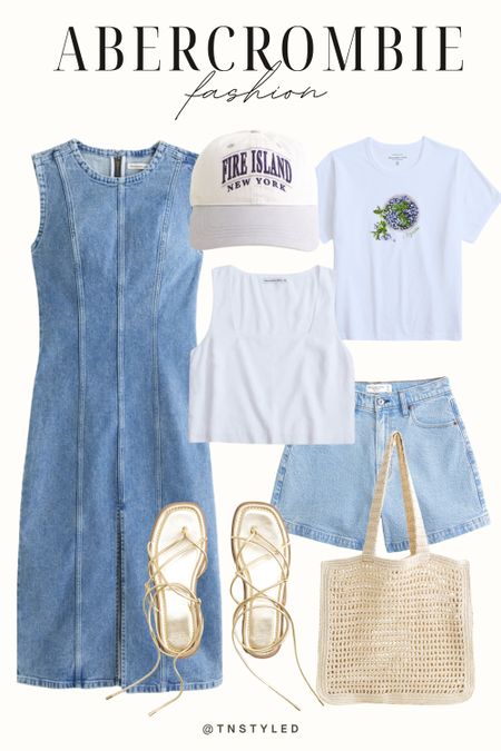 @abercrombie fashion // casual look, casual outfit, spring outfit, spring fashion // denim dress, dad short, graphic tee, cropped tee, crochet tote bag, graphic baseball hat, stylish flat sandals

#LTKSeasonal #LTKstyletip
