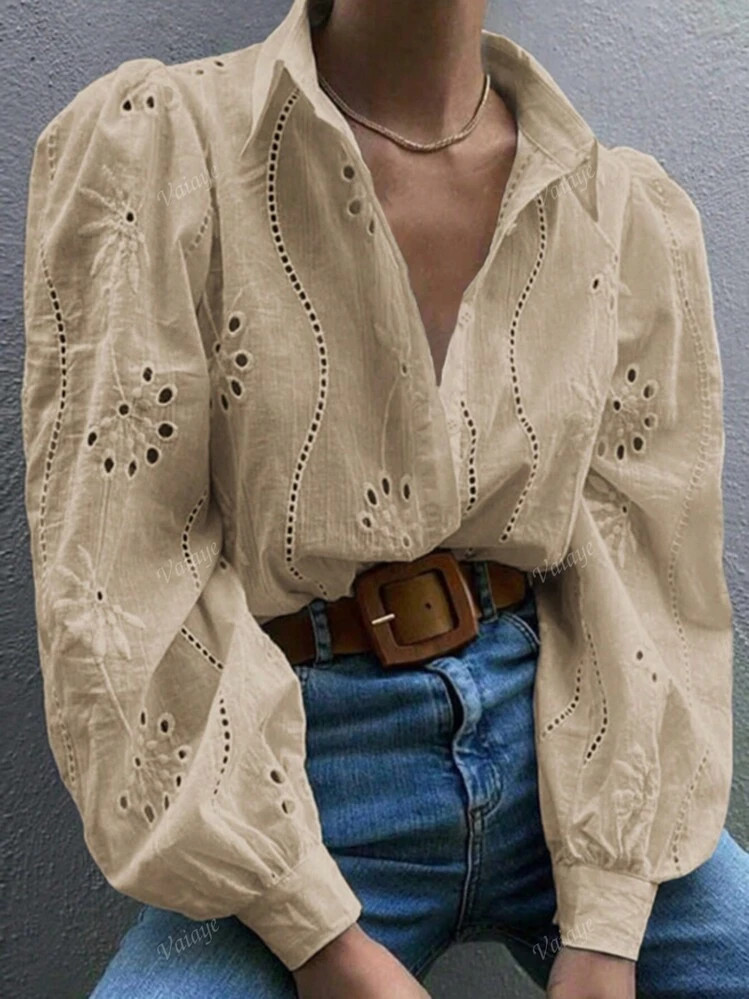 Women's Summer Solid Color Embroidered Hollow Out, Holiday Retro Style Bohemian Embroidery Blouse | SHEIN