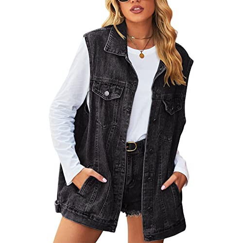 FindThy Women’s Vintage Denim Jean Vest Oversized Button Down Jean Waistcoat Gilet(1481-01Black-XXL-LB) | Amazon (US)