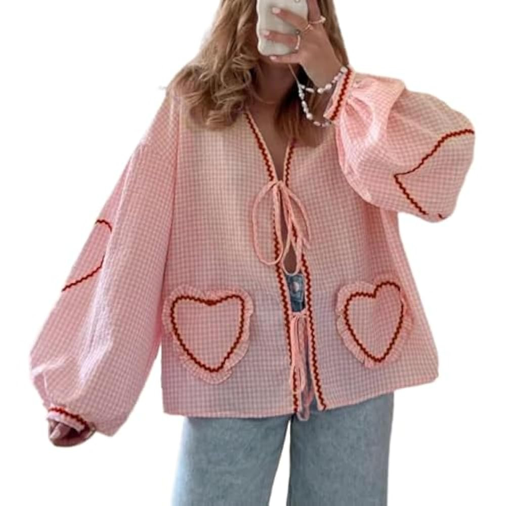 POHADON Cute Heart Tie Front Tops Puff Long Sleeve Blouse Bow Top Trendy Babydoll Shirts Y2K Aest... | Amazon (US)