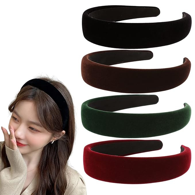 4Pcs Black Velvet Headband for Women Girls Wide Hairbands Pack Non Slip Thick Headband Set Adult ... | Amazon (US)