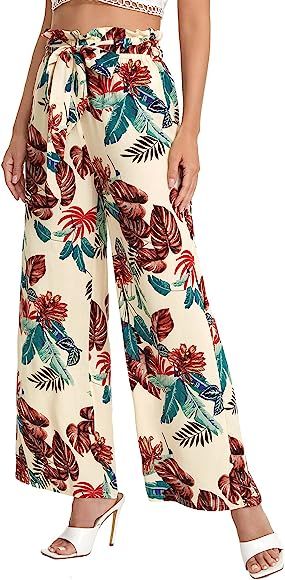 Milumia Women Belted Frilled Waist Tropical Print Boho Wide Leg Palazzo Pants Multicolor Small at... | Amazon (US)