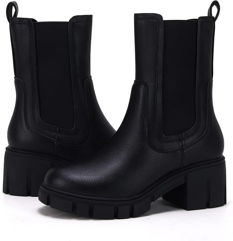 TINSTREE Women's Lug Sole Platform Boots Mid Calf Elastic Chunky Block Heel Leather Chelsea Booties | Amazon (US)
