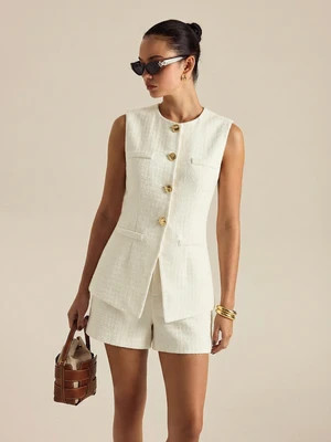 Metal Button Tweed Vest & Shorts Set | Commense
