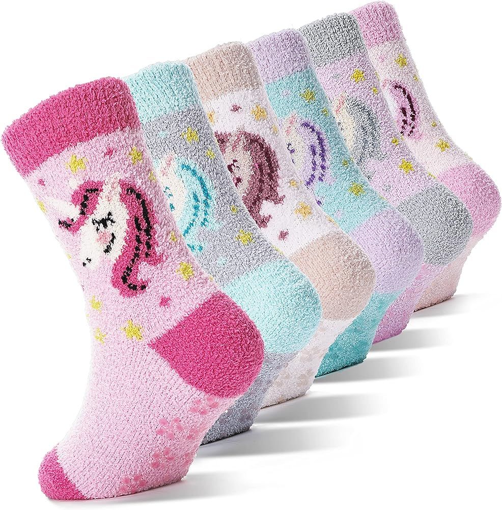 Girls Kids Toddler Fuzzy Socks with Grips Non Slip Slipper Socks Crew Cabin Cozy Fluffy Hospital ... | Amazon (US)