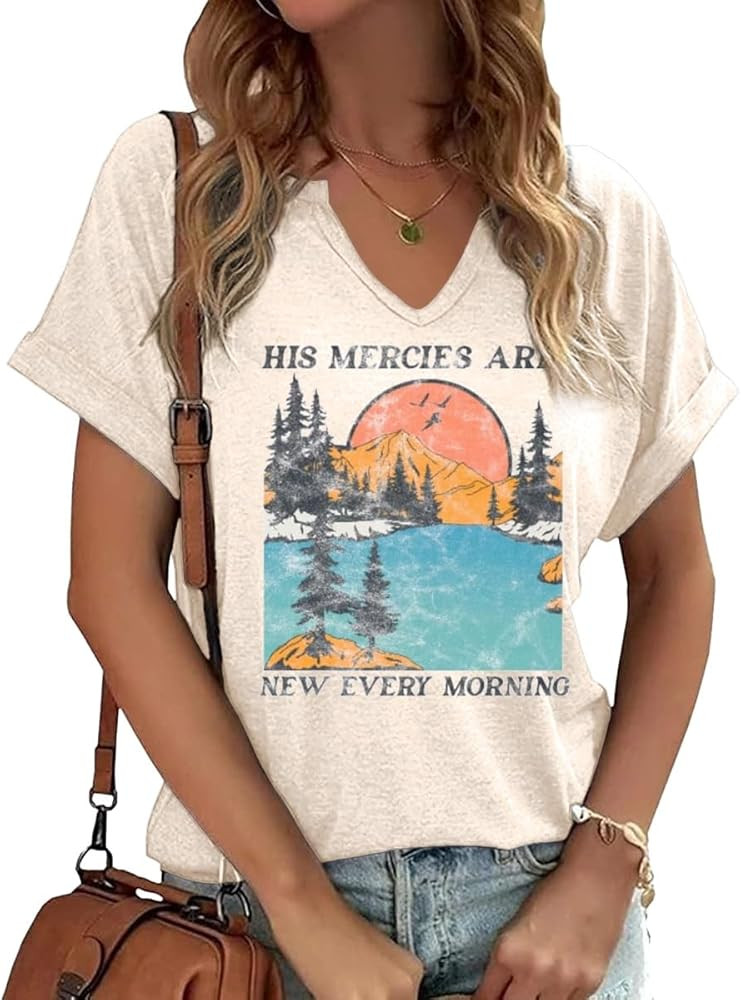 Women's Boho Christian V Neck Shirt Casual Jesus Faith Bible Verse Inspirational Graphic Tee Tops | Amazon (US)