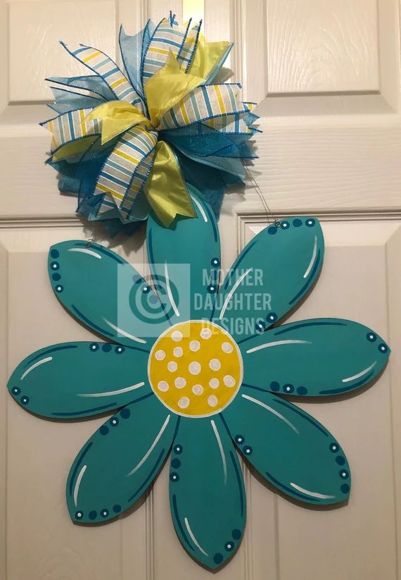 Blue/Teal Summer Daisy Hand Painted Wooden Door Hanger | Etsy (US)