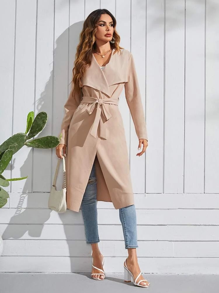 SHEIN Waterfall Collar Open Front Belted Coat | SHEIN