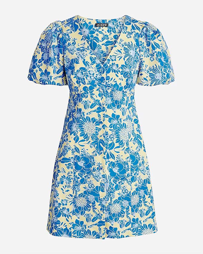 Button-front puff-sleeve mini dress in blue floral twill | J.Crew US