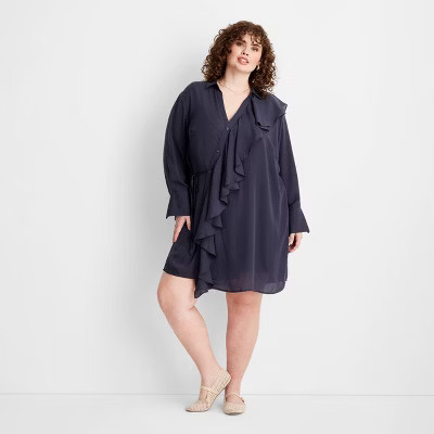 Women's Long Sleeve Asymmetrical Mini Shirtdress - Future Collective Navy Blue | Target