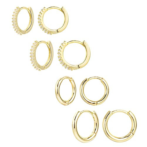 ALEXCRAFT Small Gold Huggie Hoop Earrings 4 Pairs CZ Paved Diamond 14K Gold Plated Huggie Earrings Set for Women | Amazon (US)
