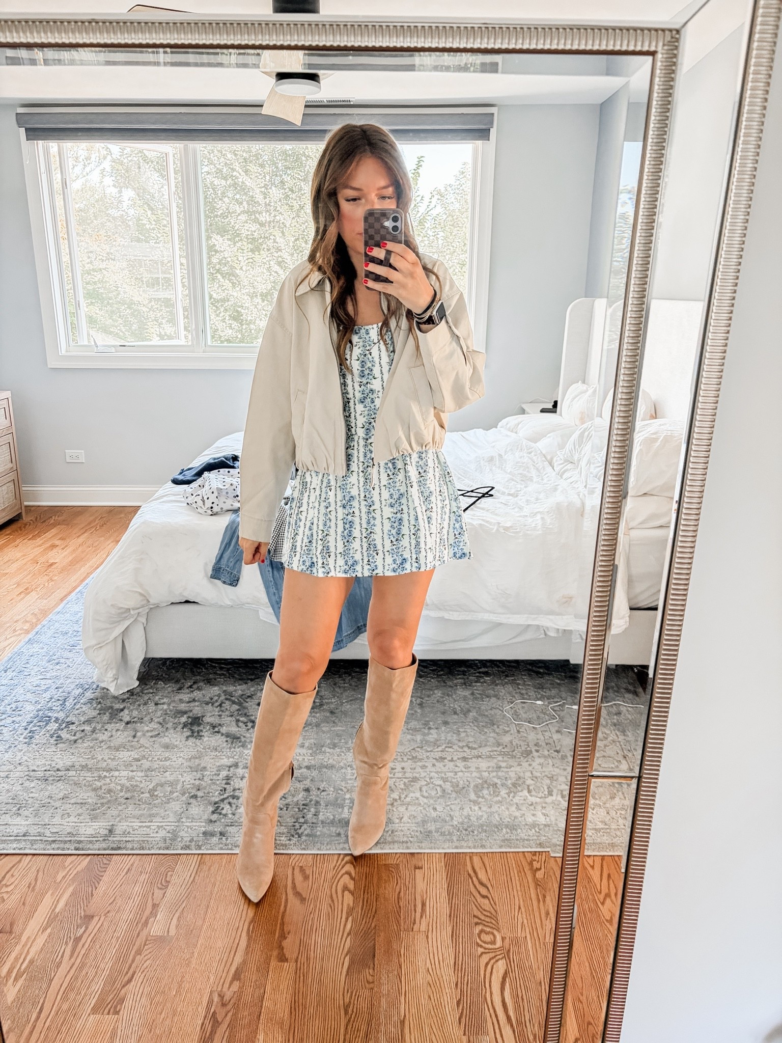 Small in dress + jacket 

Fall outfit / fall dress / fall jacket / boots / suede boots