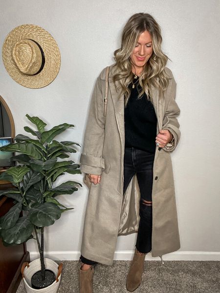 Coat - size down, runs very oversized! (8 tall) available in petite, reg, tall and curve! 
Sweater - tts (large) 
Jeans - tts (30) would prefer the longs, 5 lengths and 30% off with code: THIRTY) 
Boots - tts (11) 

#LTKstyletip #LTKSeasonal #LTKsalealert
