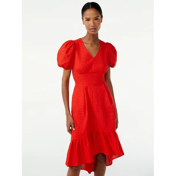 Scoop Women's High Low Eyelet Midi Dress with Puff Sleeves - Walmart.com | Walmart (US)