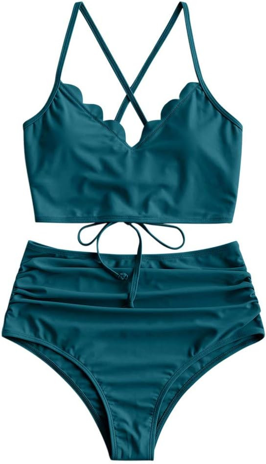 ZAFUL Women's Crisscross Ruched High Waisted Bottom Bikini Set Two Piece Swimsuit Tankini | Amazon (US)